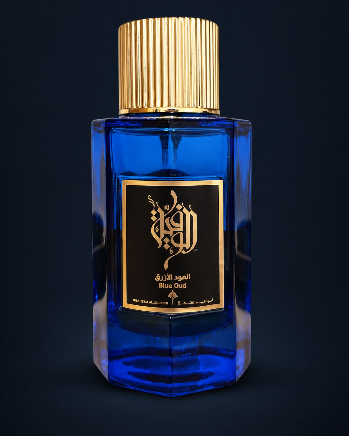 Blue Oud bottle — owner photo, AI-assisted studio edit