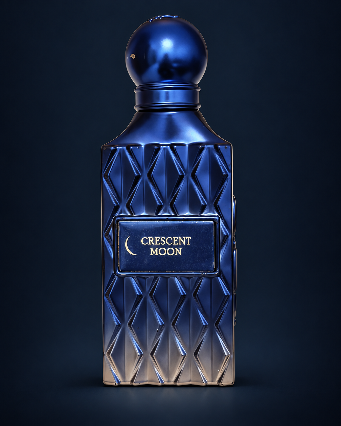 Crescent Moon bottle — owner photo, AI-assisted studio edit
