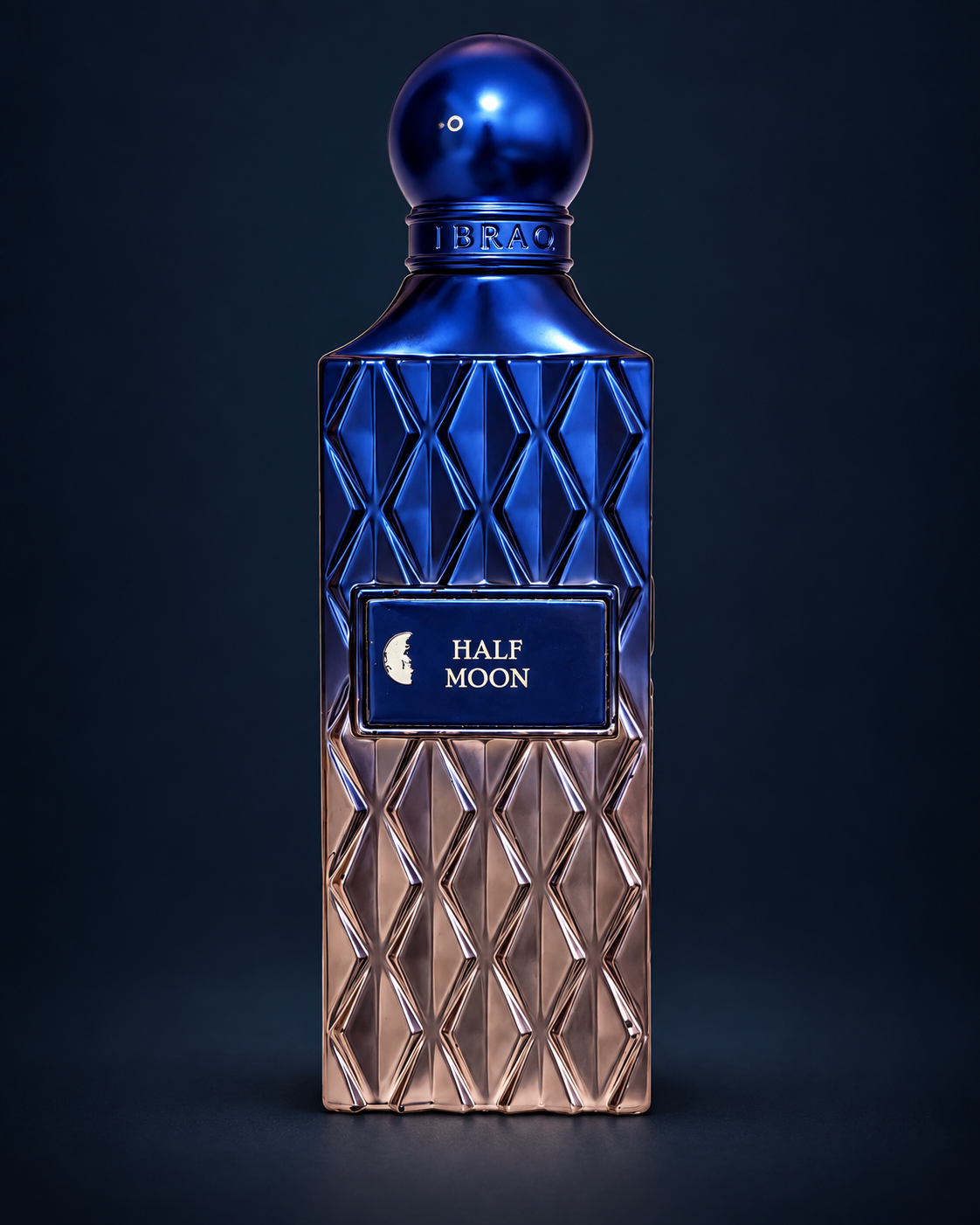 Half Moon bottle — owner photo, AI-assisted studio edit