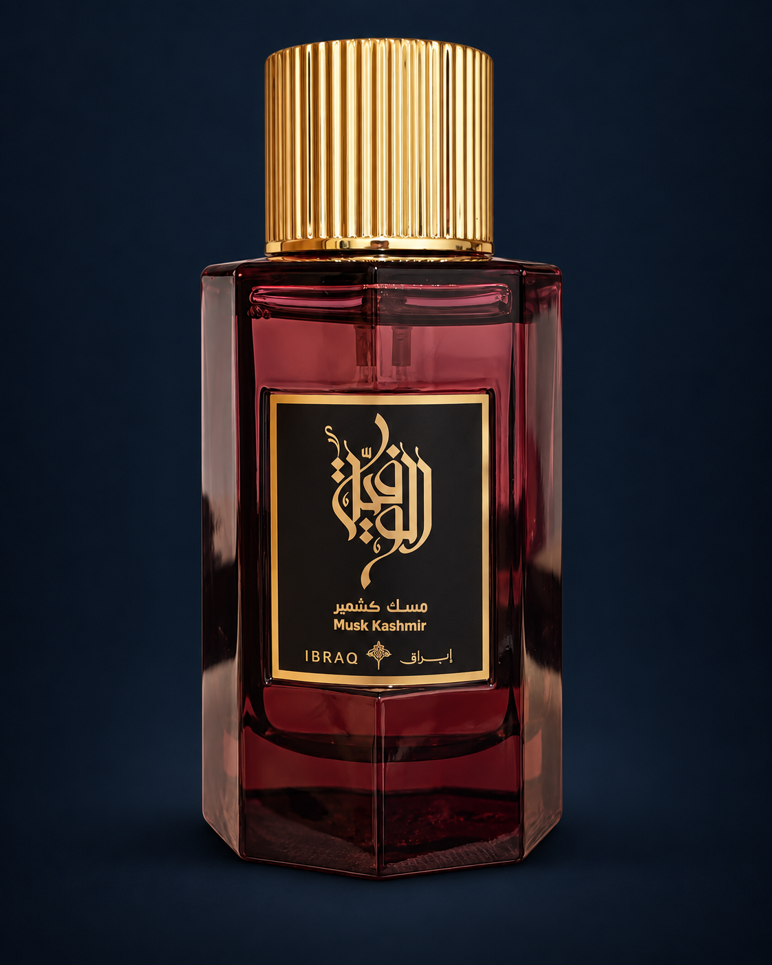 Al Wafia Musk Kashmir bottle — owner photo, AI-assisted studio edit