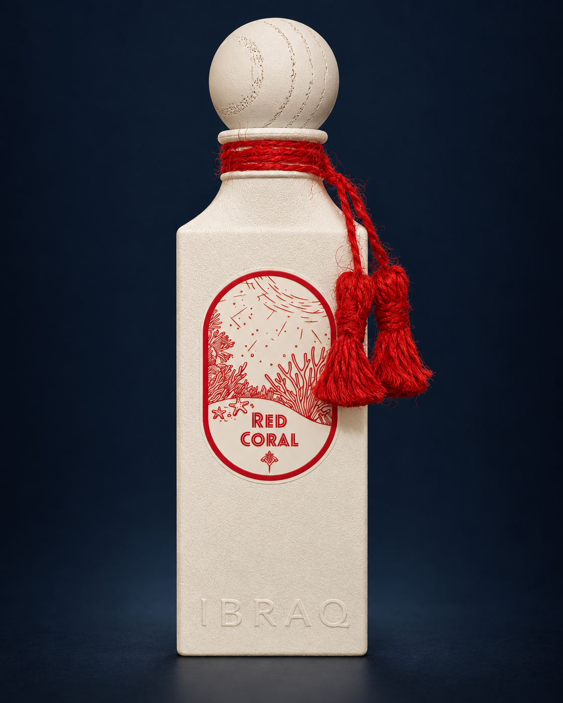 Red Coral bottle — owner photo, AI-assisted studio edit