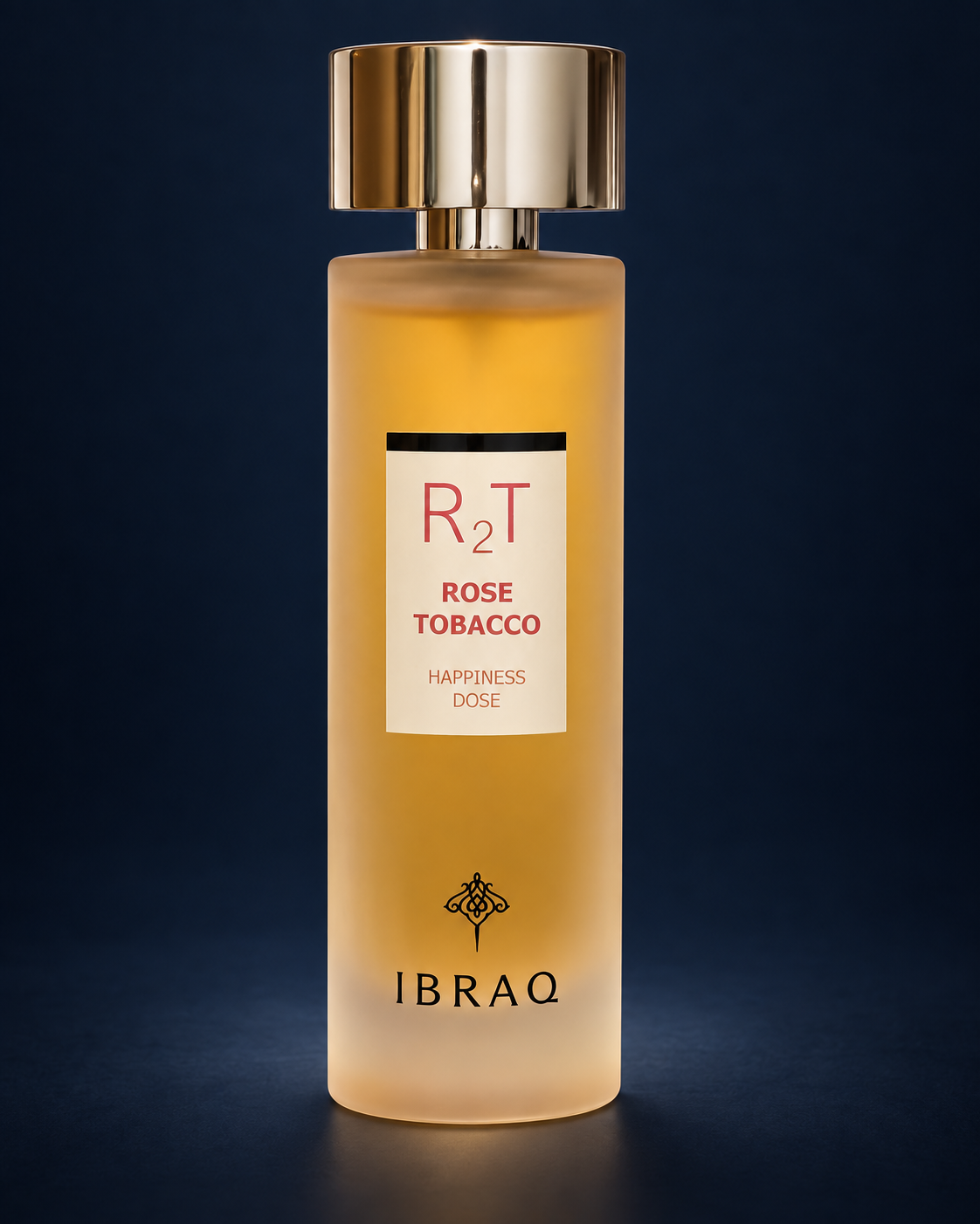 Rose Tobacco Happiness Dose bottle — owner photo, AI-assisted studio edit