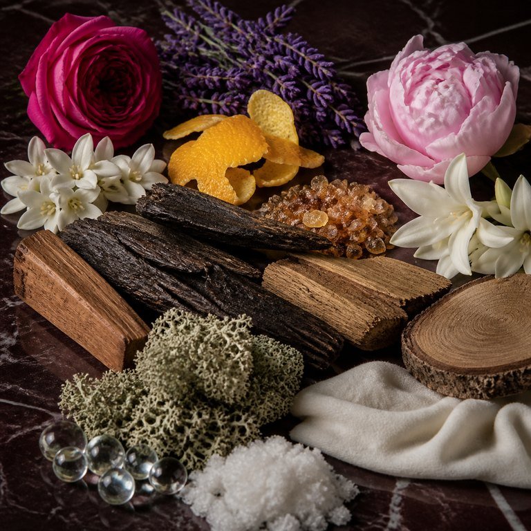 Oud and Roses — fragrance notes illustration